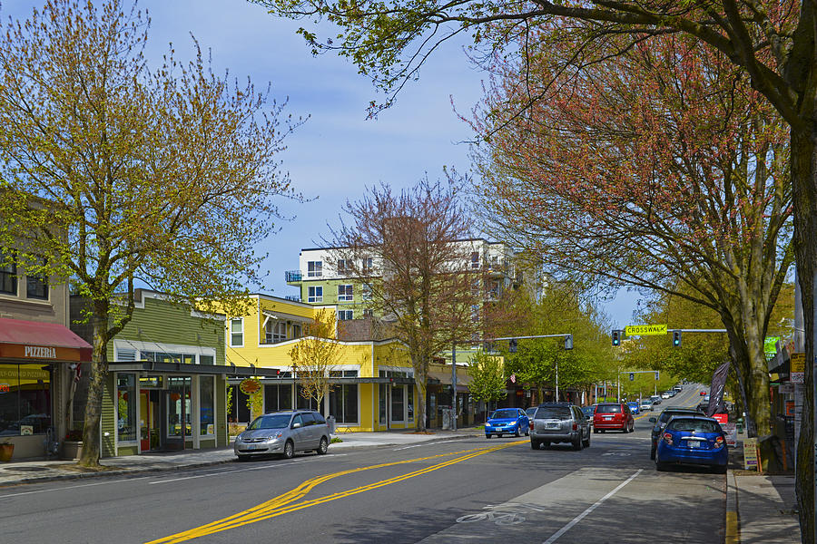 Street scene on Greenwood Avenue, Greenwood neighborhood of Seattle Photograph by Reed Kaestner