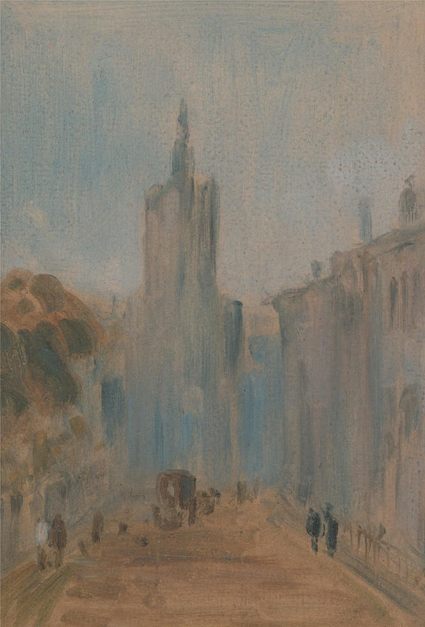 Unknown Artist Painting - Street with Church and Figures  by Unknown artist