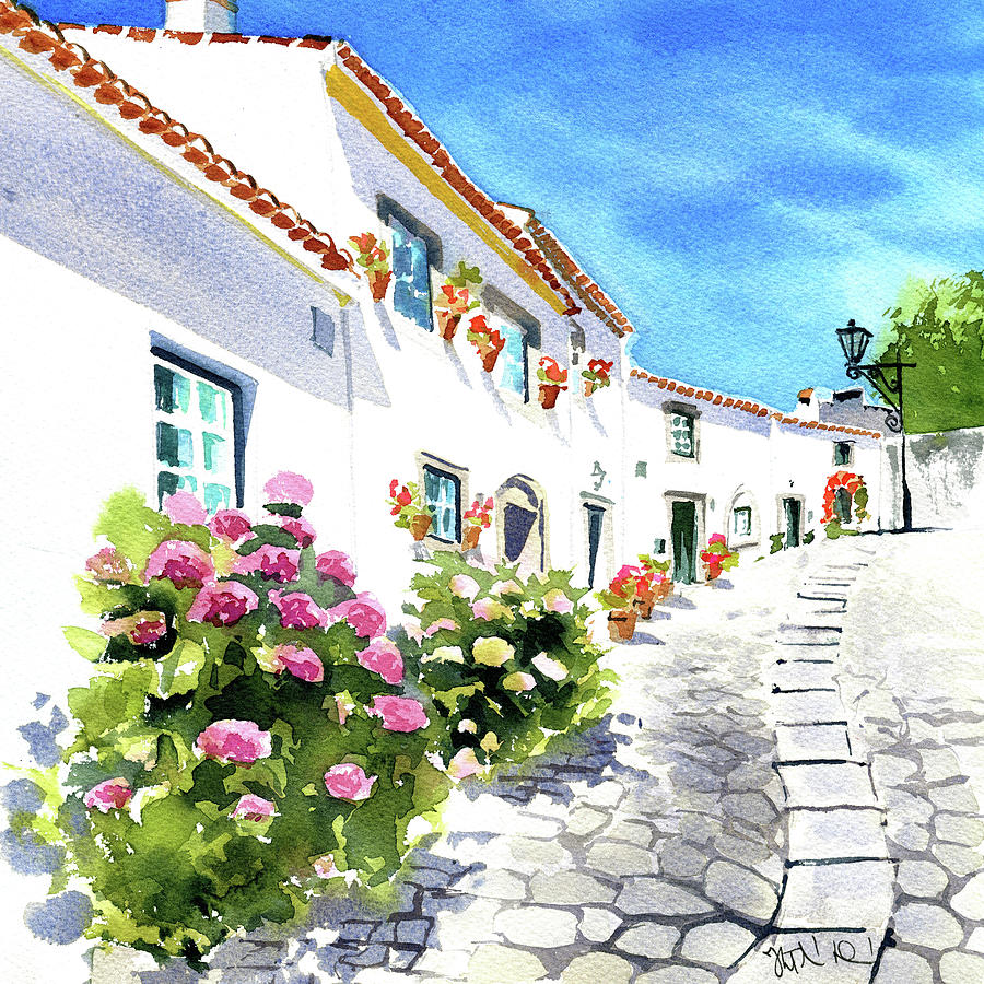 Street With Hydrangeas in Marvao Portugal Painting by Dora Hathazi Mendes