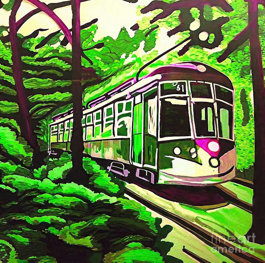 New Orleans Painting - Streetcar Batik Silk Painting 2016 Painting streetcar tram trolley new orleans green batik autumn background beautiful bright city colorful country desire environment europe fall foliage forest by N Akkash
