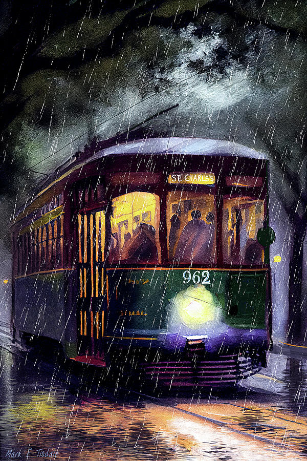 Streetcar In The Rain - New Orleans At Night Digital Art by Mark Tisdale