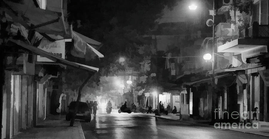 Streets of Hanoi Digital Paint Black White  Photograph by Chuck Kuhn