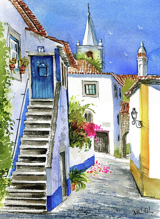 Streets of Obidos - Portugal Painting by Dora Hathazi Mendes