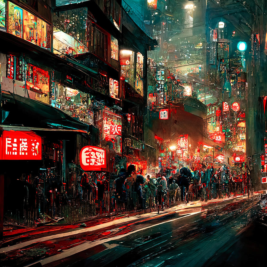 Architecture Painting - Streets of Tokyo at night, 04 by AM FineArtPrints