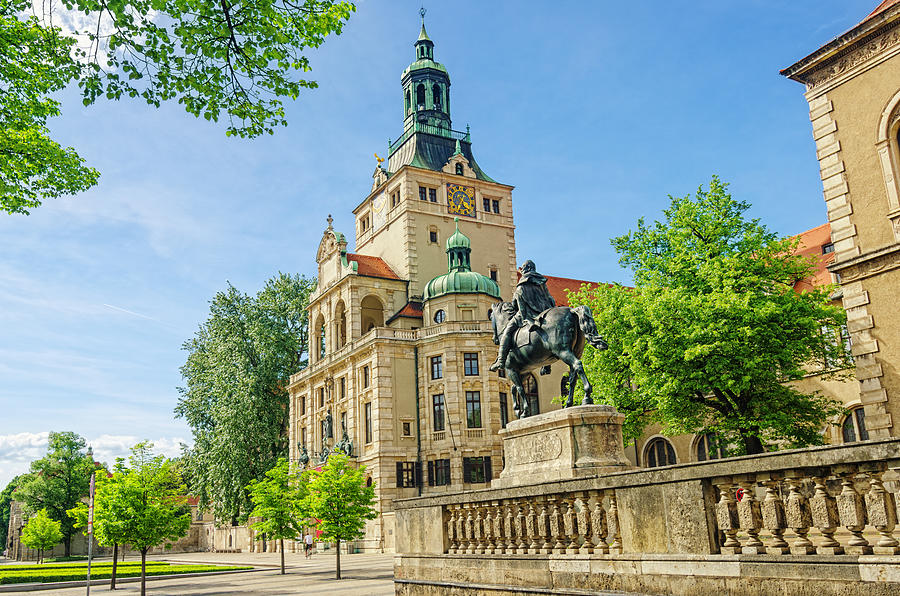 Streetview on Luitpold Prinzregent Statue and Bavarian National Museum Munich Photograph by Juergen Sack
