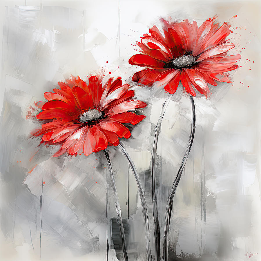 Daisy Digital Art - Striking Red Flower on Charcoal Gray by Lourry Legarde