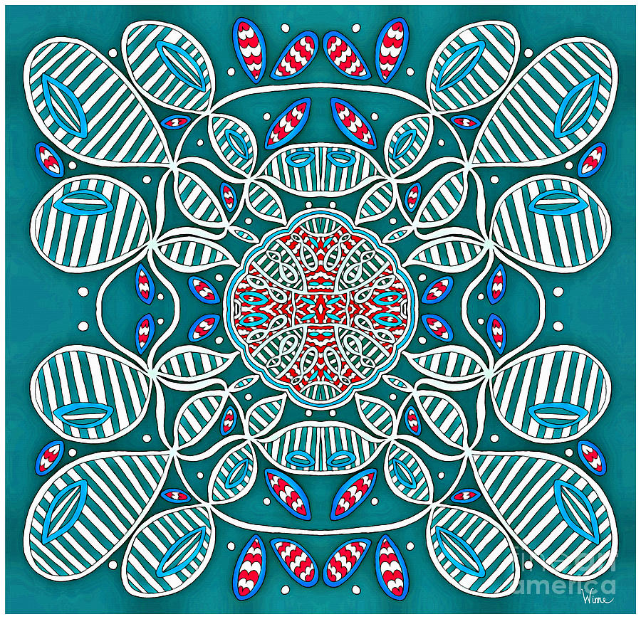 Striped Abstract Flower with Connecters in Turquoise, Red and White Mixed Media by Lise Winne