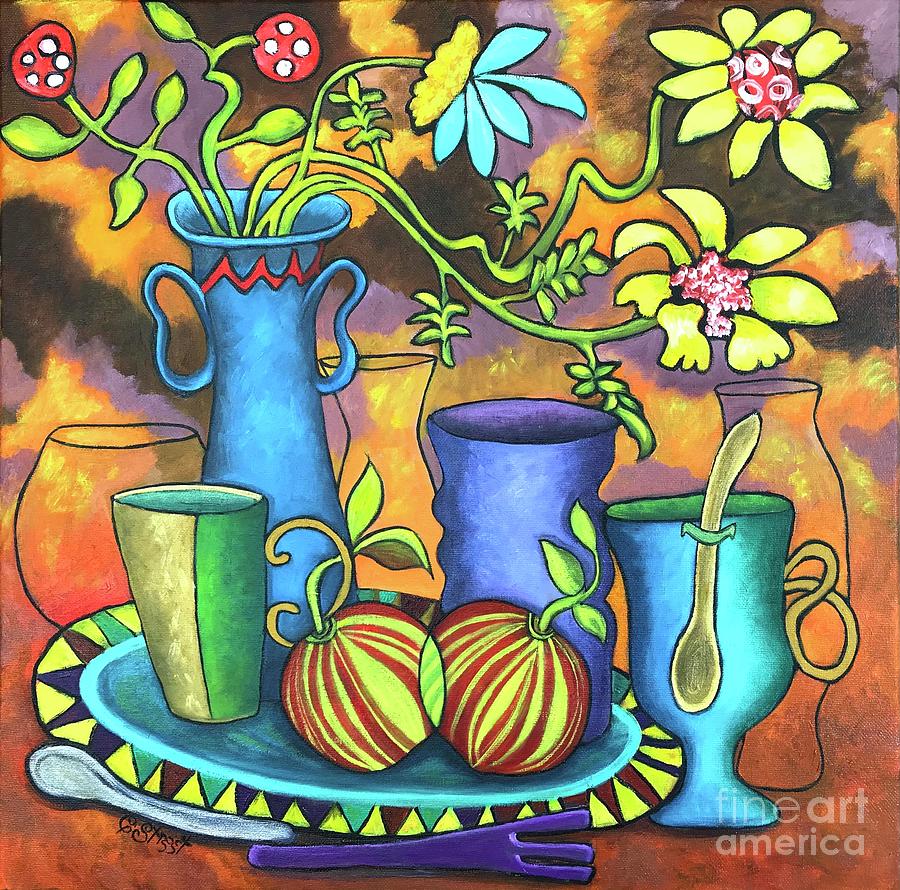 Striped Apples, Vases And A Purple Fork Painting