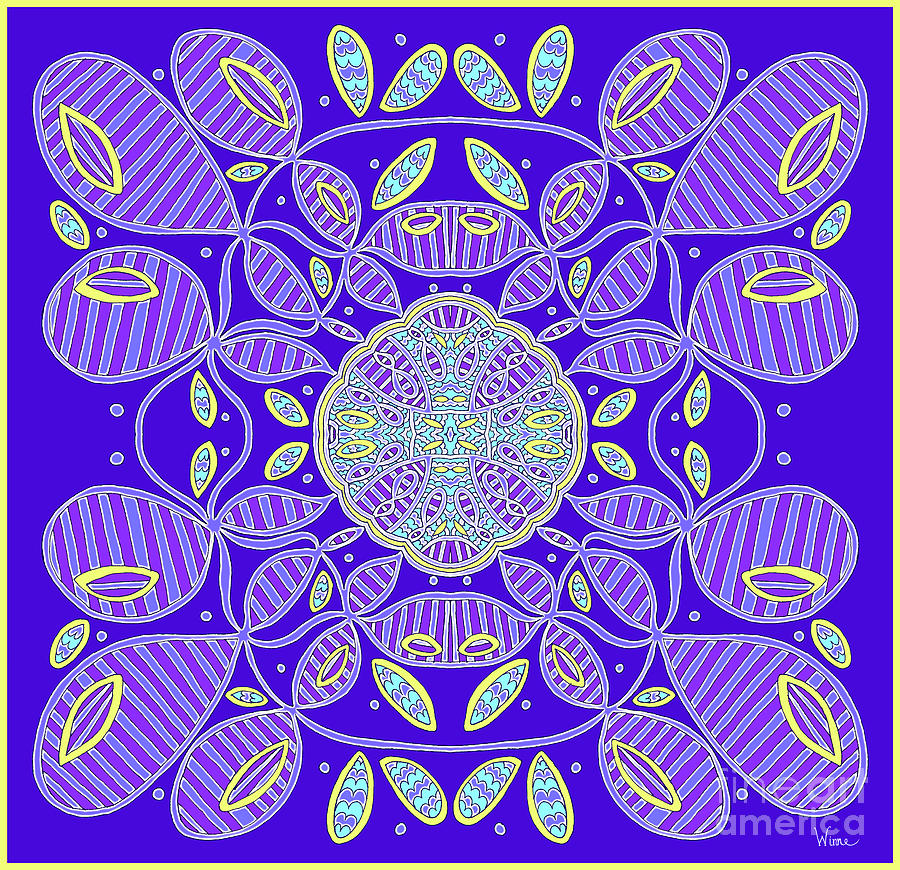 Striped Blobs and Ornate Center in Blue, Purple, Turquoise and Yellow Mixed Media by Lise Winne