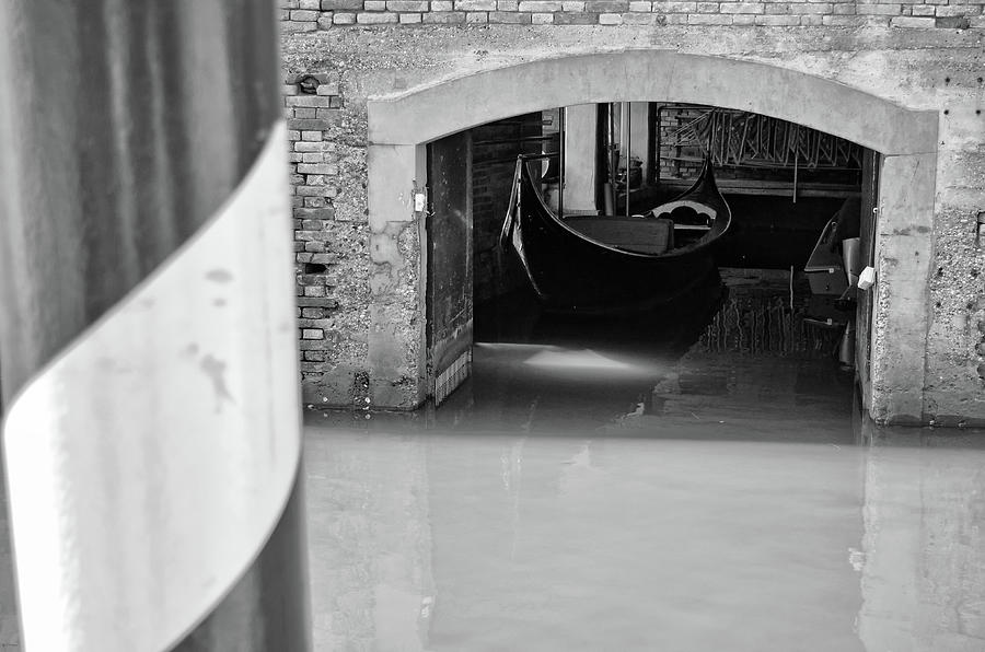 Striped Gondoliers Mooring Pole Outside of a Gondola Garage Venice Italy Black and White Photograph by Shawn OBrien