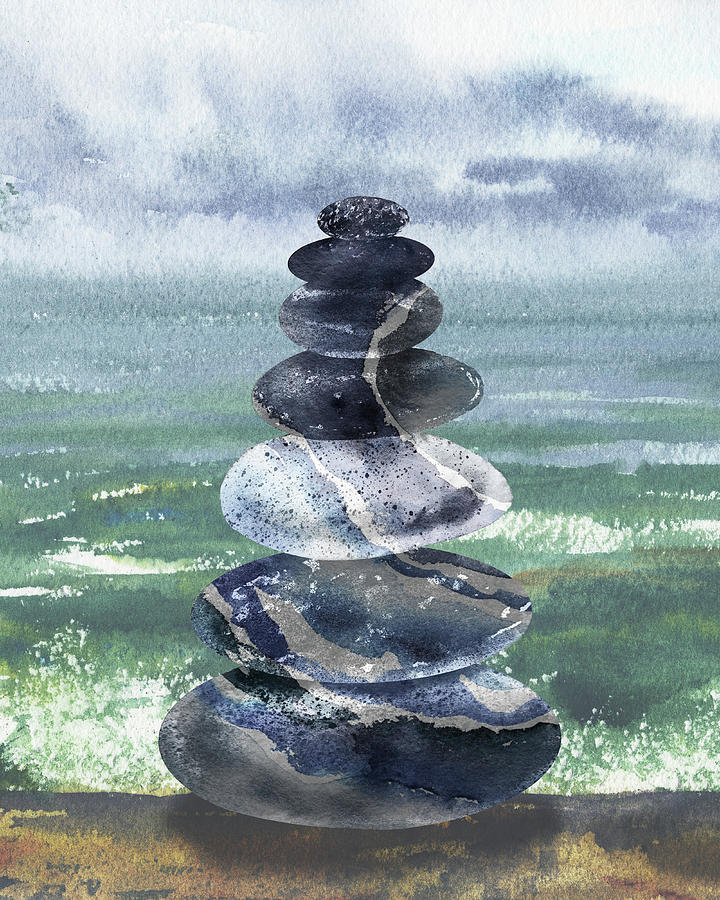 Striped Meditative Rocks Cairn At The Beach Watercolor Seascape Painting by Irina Sztukowski