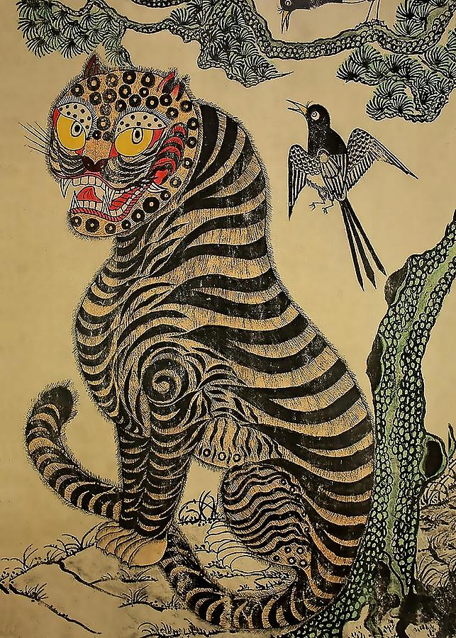 Vintage Korean Minhwa Tiger and Magpie  Classic Mythology Folklore Pa -  Sacred Surreal
