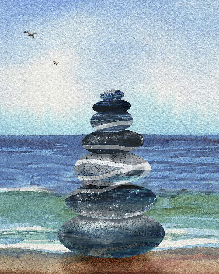  Stripy Blue Meditative Rocks Cairn At The Beach Watercolor Seascape Painting by Irina Sztukowski