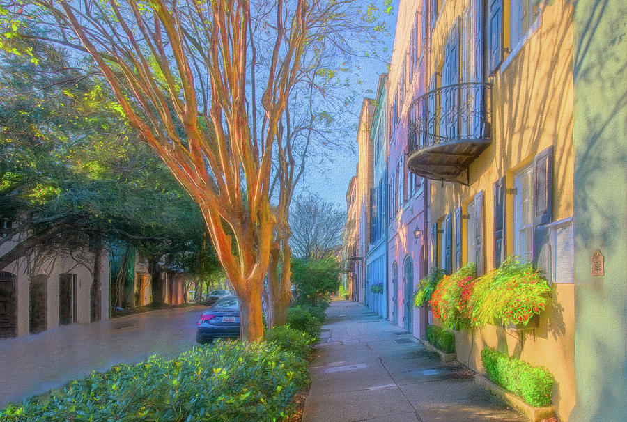 Strolling Along Rainbow Row, Painterly Photograph by Marcy Wielfaert