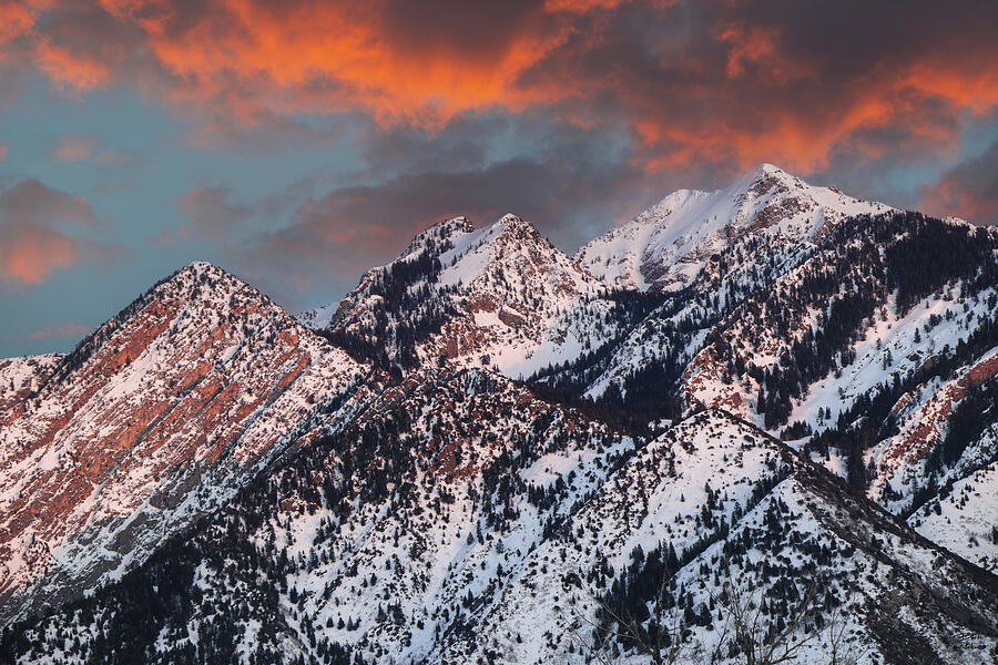 Strom, Stairs and Twin Peaks Winter Sunset - Salt Lake City, Utah Photograph by Brett Pelletier