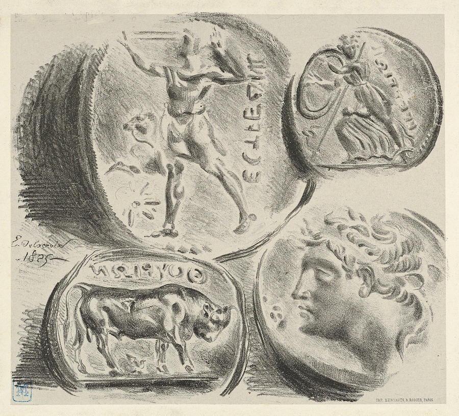 Studies of Four Greek Coins Drawing by Eugene Delacroix