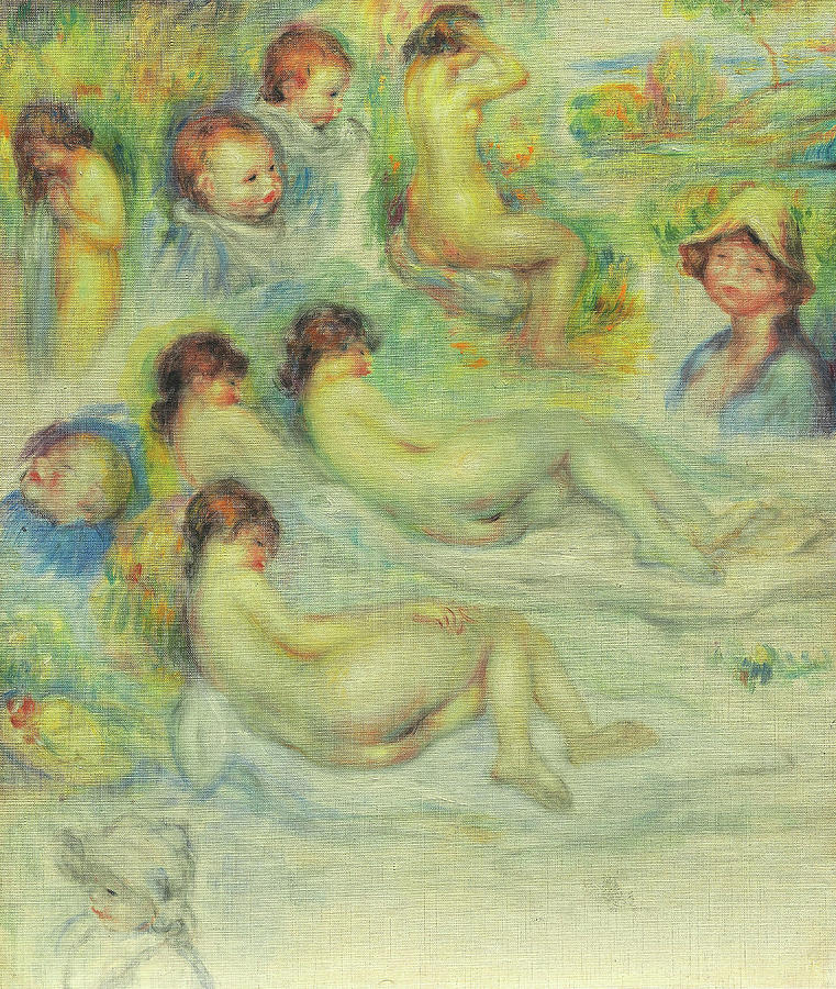 Studies of Pierre Renoir, His Mother, Aline Charigot, Nudes, and Landscape. Pierre-Auguste Renoir... Painting by Pierre Auguste Renoir -1841-1919-
