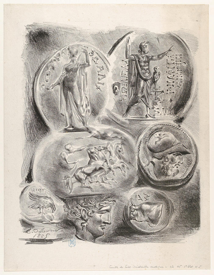 Studies of Seven Greek Coins Drawing by Eugene Delacroix