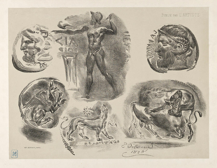 Studies of Six Greek Coins Drawing by Eugene Delacroix