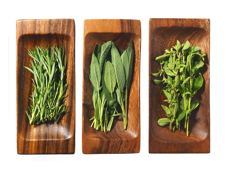 Studio shot of herbs on wooden trays Photograph by David Arky