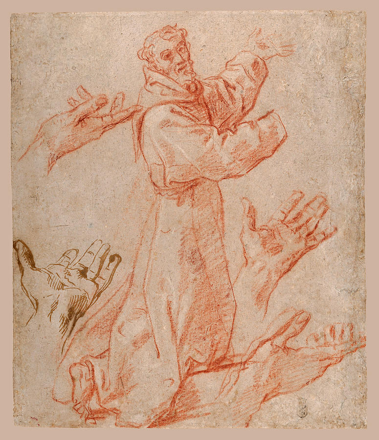 Study for a Figure of Saint Francis Kneeling in a Three-Quarter View and for His Hands Drawing by Annibale Carracci