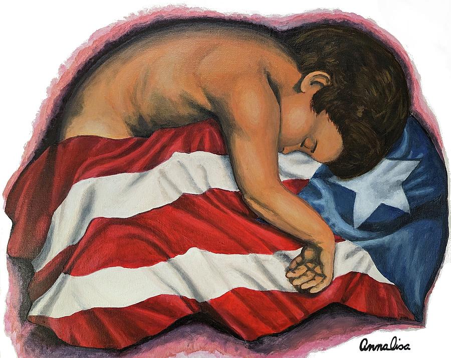 Study Nino Con La Bandera de Puerto Rico Painting by Annalisa Rivera-Franz
