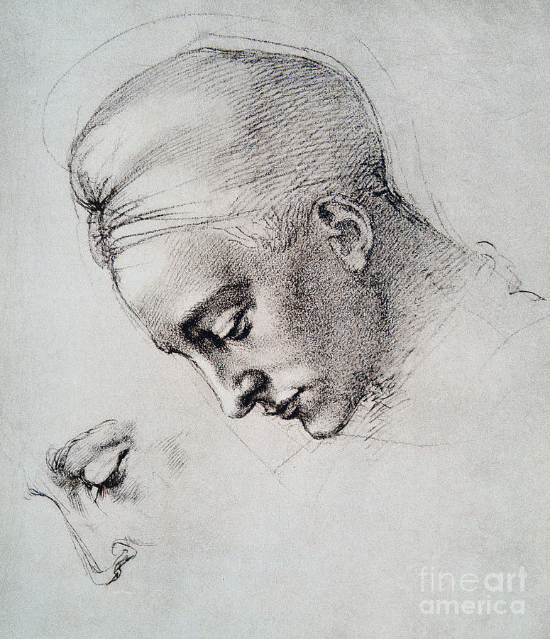 Study of the face of a girl with her head down Drawing by Michelangelo