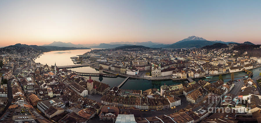 Stunning aerial panorama of Lucerne old town at sunrise by Lake  Photograph by Didier Marti