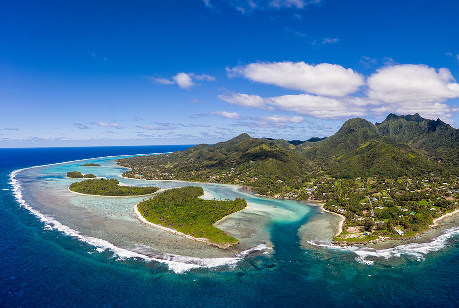 Stunning aerial view of the Muri beach and lagoon, in Rarotonga in the Cook island. Photograph by @ Didier Marti