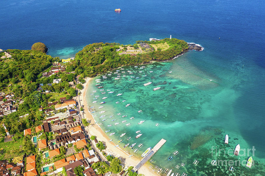 Stunning aerial view of the Padang Bai village and beach in Bali ...