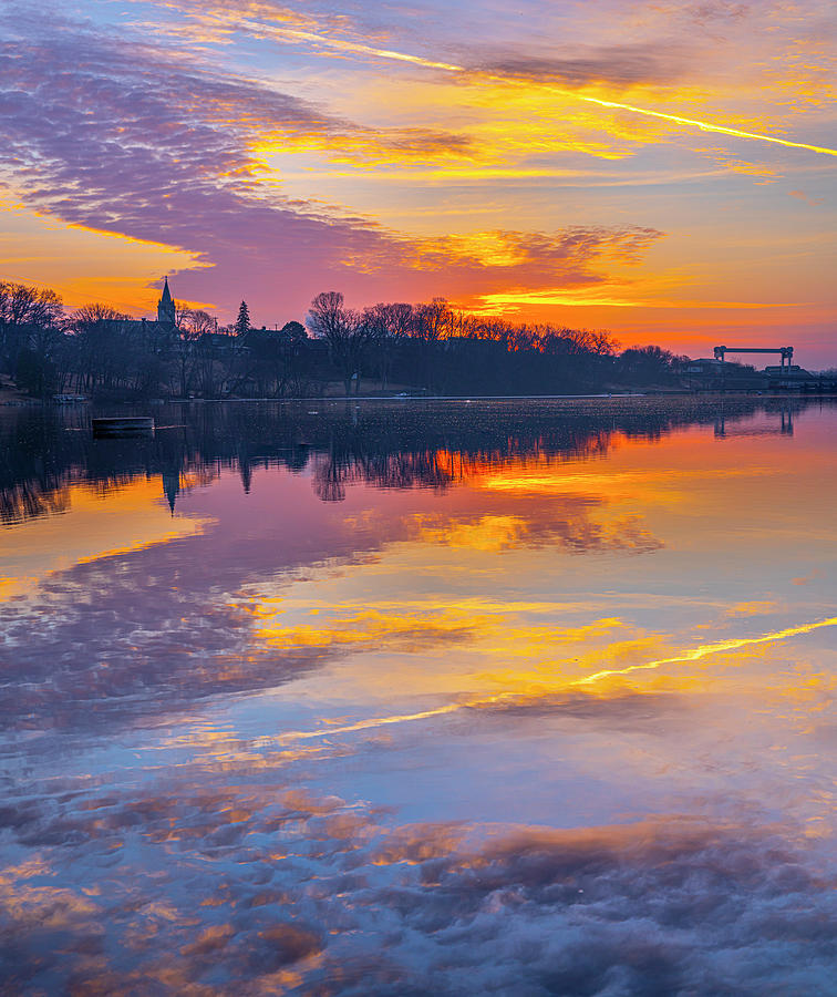 Scenic Photograph - Stunning dawn sky reflected in mirror-smooth river by James Brey