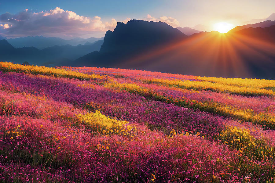Stunning Landscape 01 Flower Field Sunrise Digital Art by Matthias Hauser