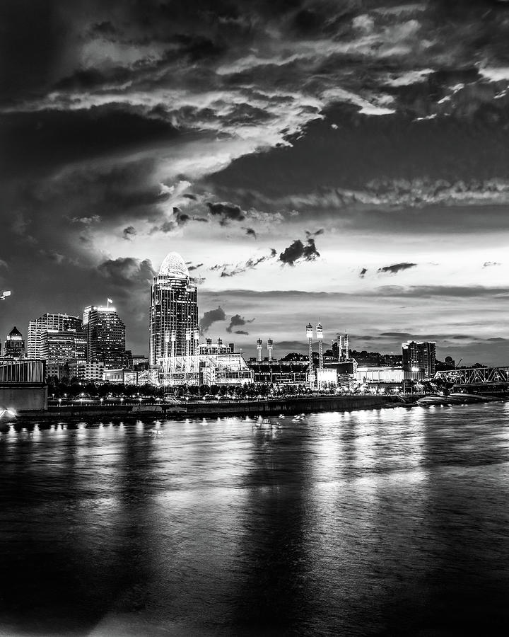 Stunning Skies Over Cincinnati At Dawn - Black and White Photograph by Gregory Ballos