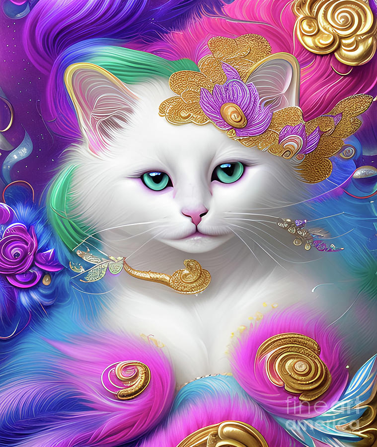Stunning White Cat Gold Jewels Digital Art by Debra Miller