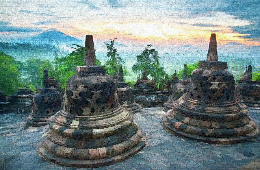 Stupas At The Borobudur Temple Painterly Style Digital Art by Joseph S Giacalone