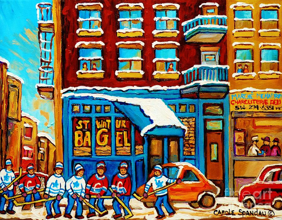 St Viateur Bagel Shop Montreal Winter Street Hockey Game Painting By Canadian Artist Carole Spandau Painting by Carole Spandau