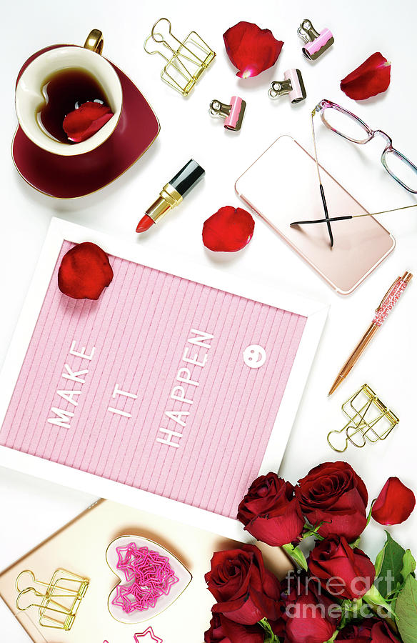 Stylish feminine desk coffee break with motivation letter board. Photograph by Milleflore Images