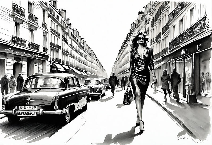 Car Drawing - Stylish Lady walking in street by My Head Cinema