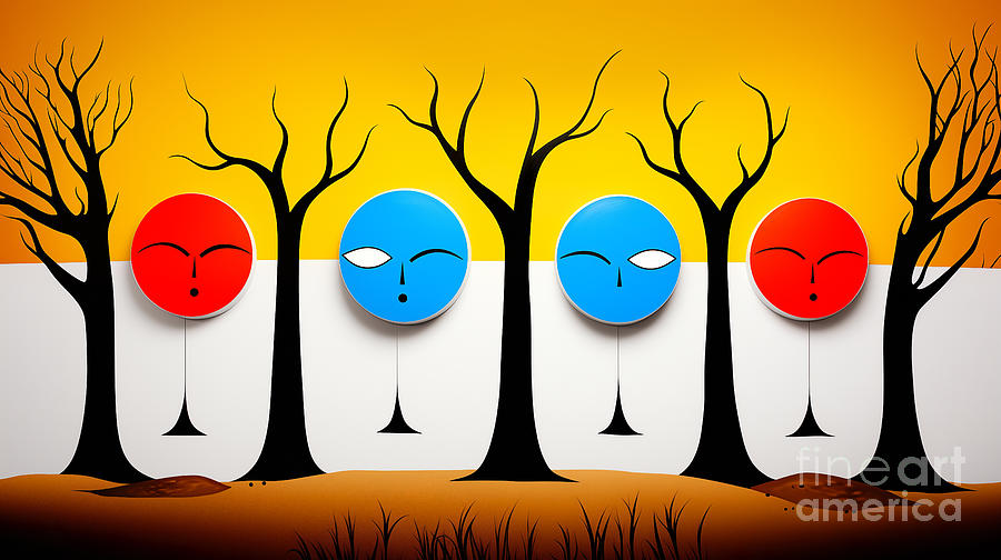 Stylized artwork with barren trees and circular faces . Digital Art by Odon Czintos