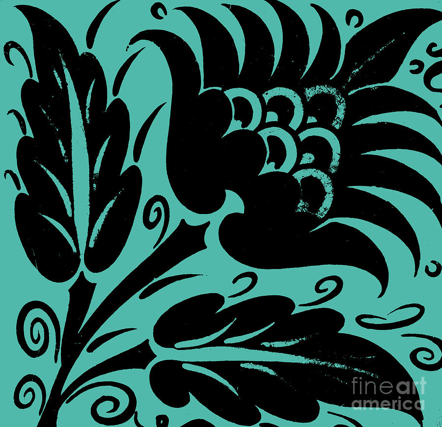 Stylized Flower with Two Leaves and Tendrils, turquoise Painting by William De Morgan