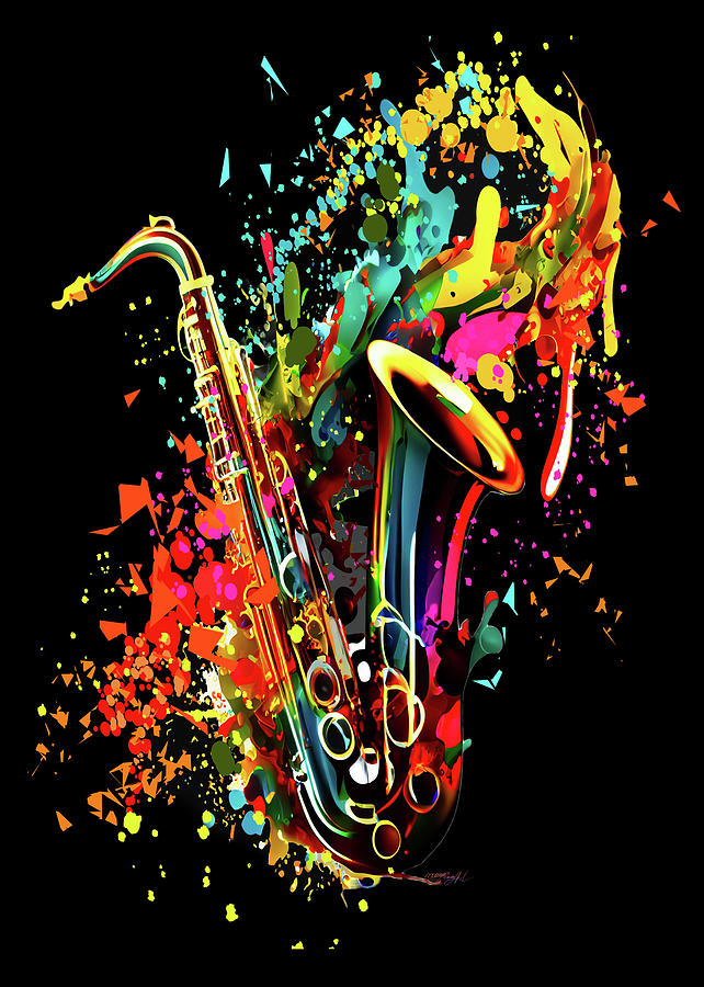 Stylized Graphic Design with a Saxophone on an Abstract Dark background Digital Art by Lena Owens - OLena Art Vibrant Palette Knife and Graphic Design