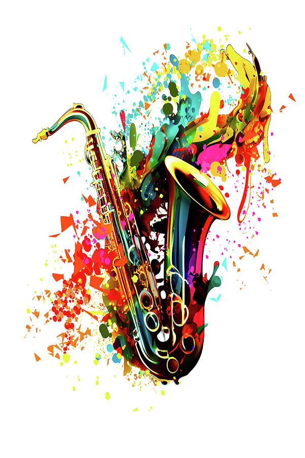 Stylized Graphic Design with a Saxophone on an Abstract White background Painting by OLena Art by Lena Owens - Vibrant DESIGN