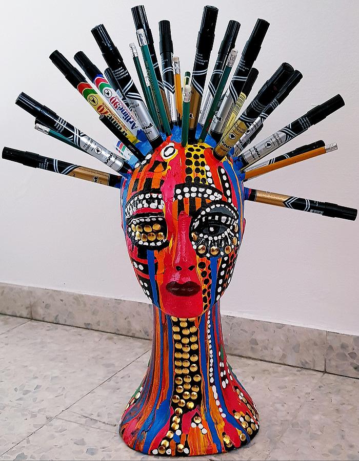 Styrofoam head mannequin markers, gold tacks acrylic painted