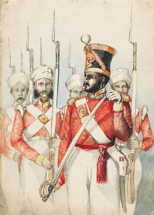 SUBADAR ROSHIM KHAN AND FOUR SEPOYS OF THE 71ST BENGAL REGIMENT British School in India, circa 1860 Painting by Artistic Rifki