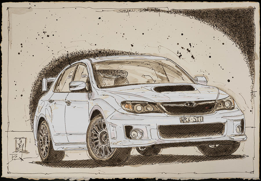 Subaru Impreza WRX STI White Drawing by Dirk F Becker