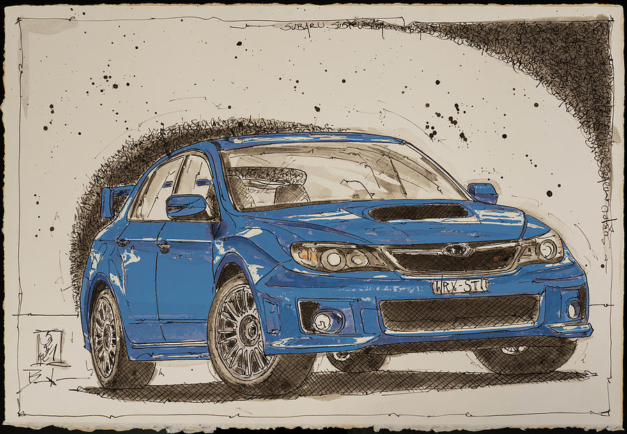 Subaru Impreza WRX STI Blue Drawing by Dirk F Becker