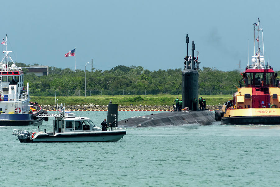 Submarine and Crew with Tugs and Guard Boat. Photograph by Bradford Martin