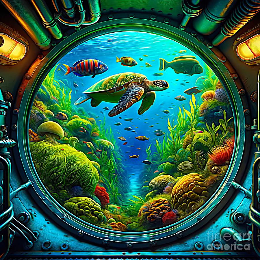 Submarine Porthole Ocean View Expressionist Effect Digital Art by Rose Santuci-Sofranko