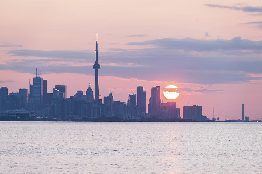 Subtle - Toronto Skyline Sunrise in Soft Pinks Blues and Purples Photograph by Georgia Mizuleva
