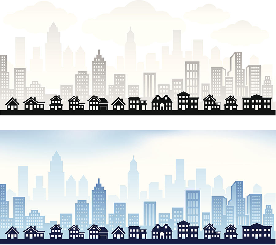 Suburban Community with City skyline panoramic Royalty free vector graphic Drawing by Bubaone